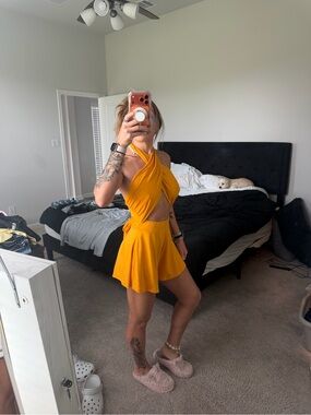 Fashion Nova Yellow Twist Cutout Halter Romper